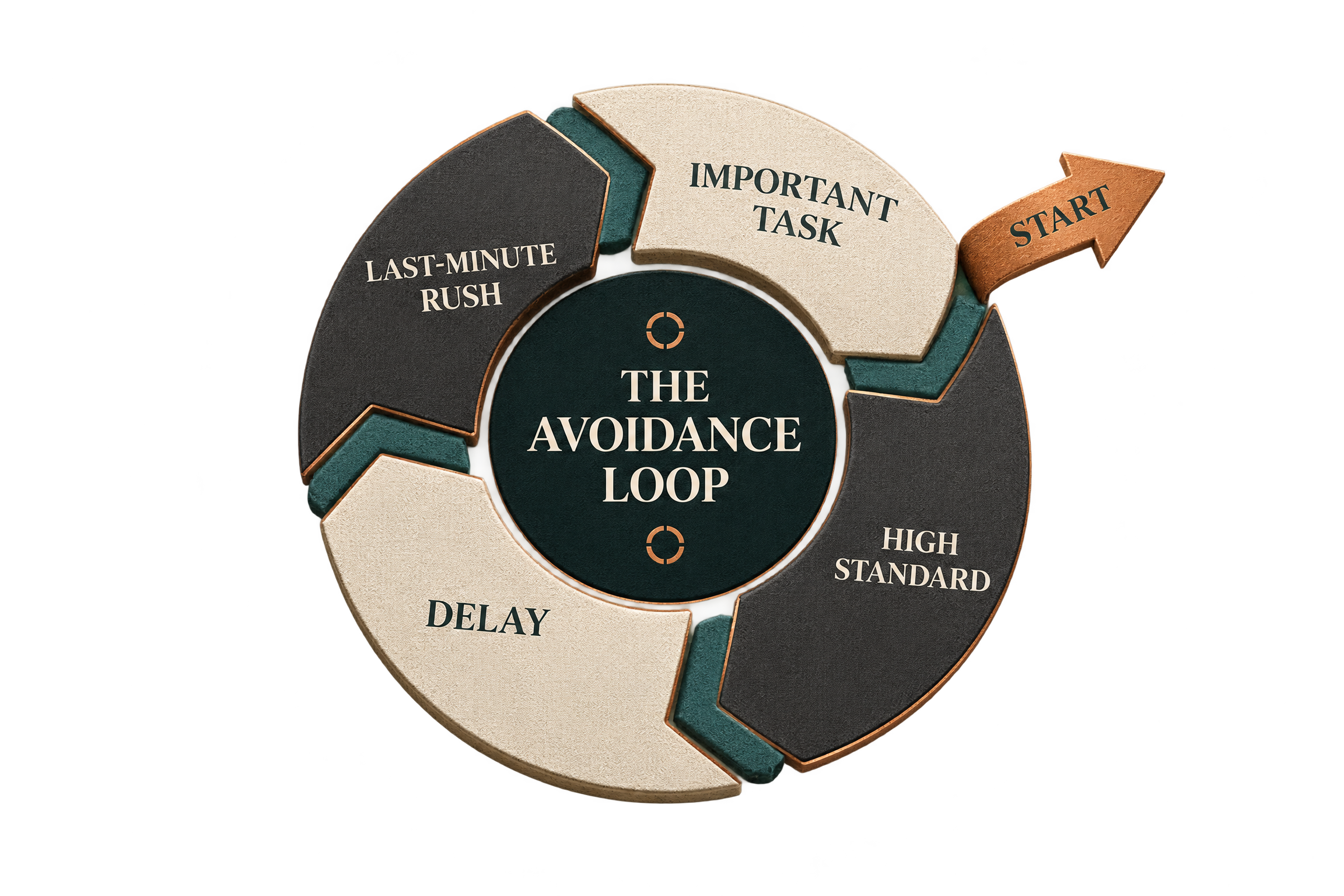 The avoidance loop from important task to high standard, delay, and last-minute rush