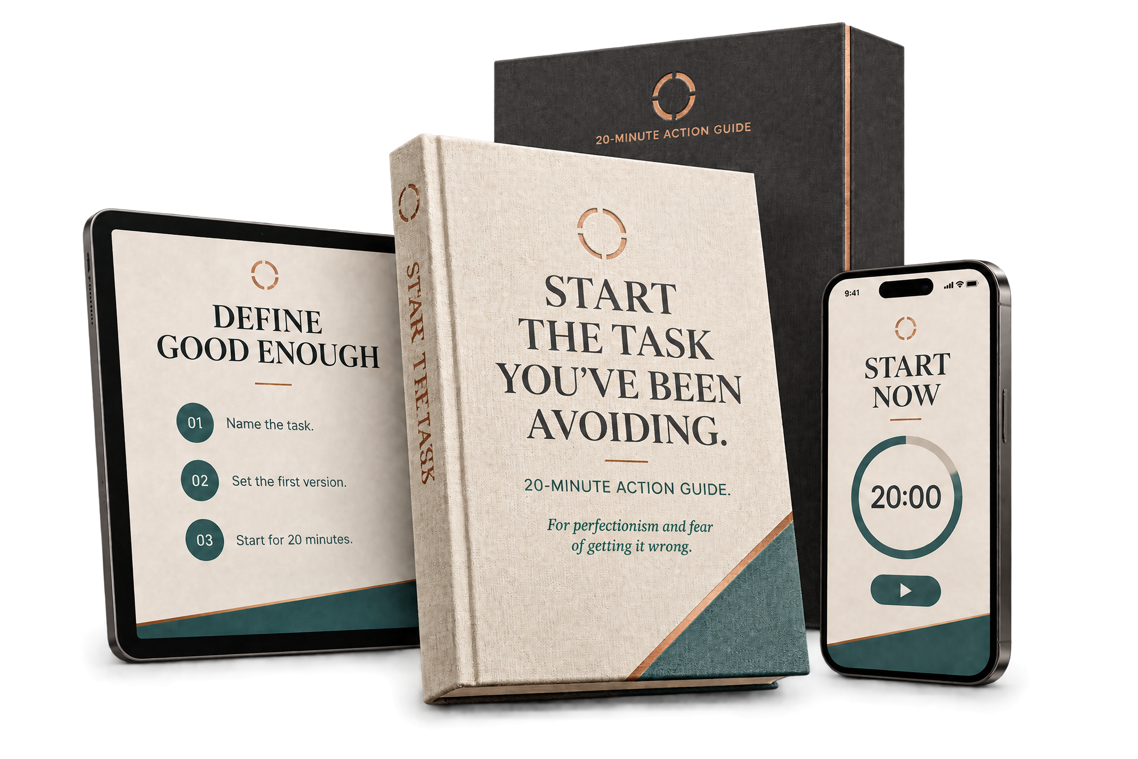 Start the Task You've Been Avoiding guide, First Version Builder, and 20-minute action timer